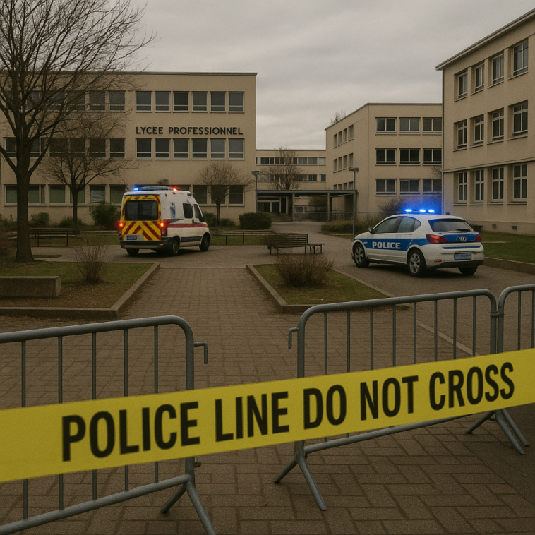 Square urbain près d’un lycée professionnel à Bron, police et secours sur place, pas de visages reconnaissables