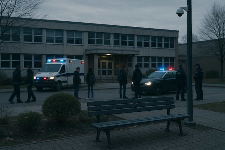 Entrée neutre d'un lycée urbain avec secours et silhouettes floues, sans visages identifiables