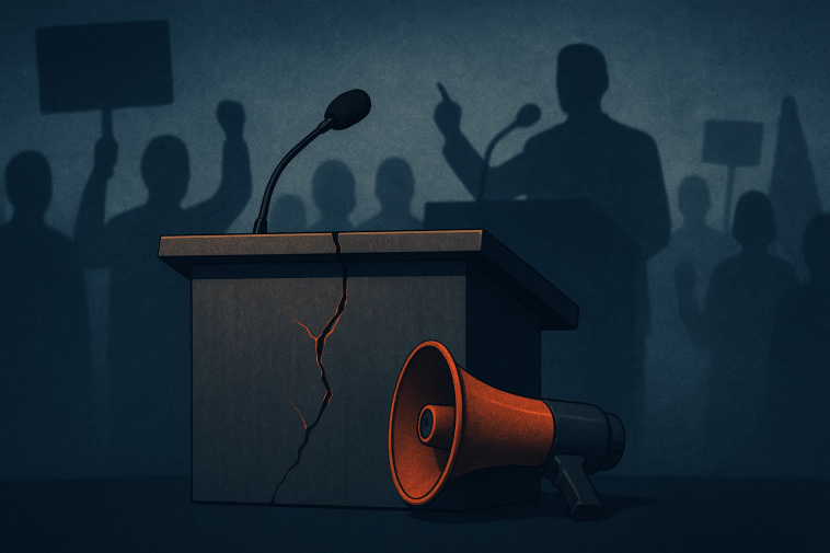 Illustration symbolique : silhouettes anonymes d'orateurs et de manifestants, un pupitre fissuré et un mégaphone, tons sombres et contrastés, sans visages identifiables.
