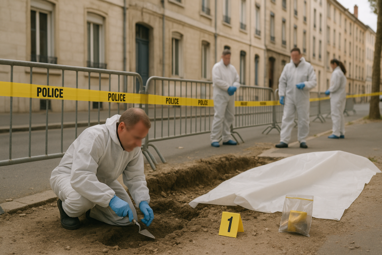 Zone de chantier urbain sécurisée à Lyon avec enquêteurs en tenue et rubalise, sans représentation de restes humains
