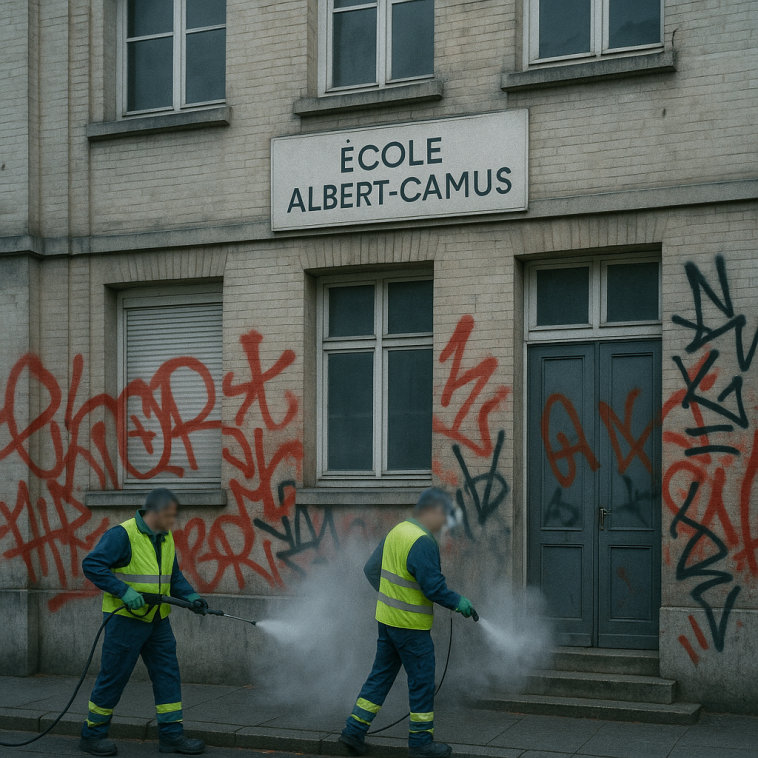 Façade d'une école urbaine avec traces de graffiti rouges et noirs, zone en cours de nettoyage, panneau indiquant "École Albert‑Camus" flouté et absence de personnes identifiables