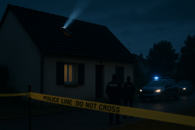 Façade d'une maison de banlieue la nuit, toit éclairé par une lumière diffuse et ruban de police à distance