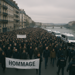 À Lyon, une marche-hommage à Quentin Deranque sous haute surveillance Foule encadrée par des forces de l'ordre lors d'une marche-hommage à Lyon, banderoles génériques visibles, visages non identifiables