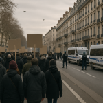 Manifestation encadrée par la police dans une rue de Lyon, aperçu depuis l'arrière des participants, drones dans le ciel