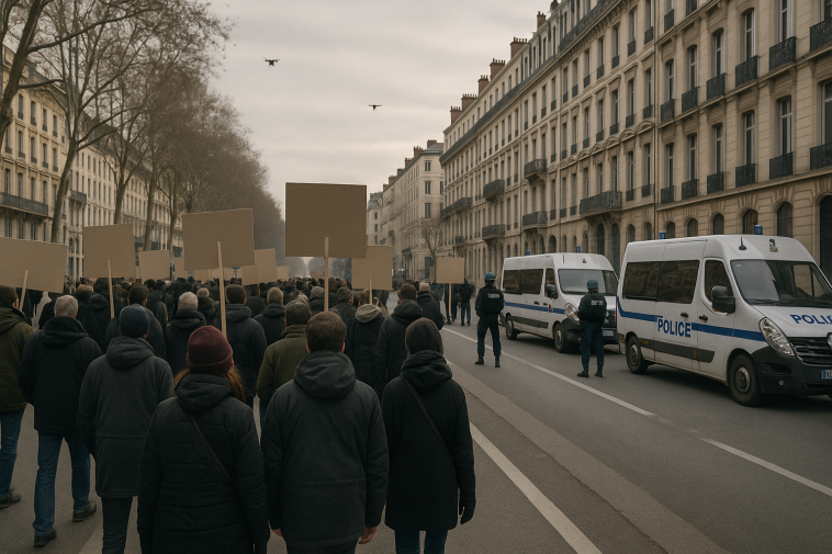 Manifestation encadrée par la police dans une rue de Lyon, aperçu depuis l'arrière des participants, drones dans le ciel