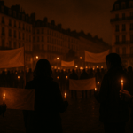 Hommage à Quentin Deranque à Lyon : entre recueillement et incidents sancionnés par la justice Veillée d'hommage nocturne à Lyon avec silhouettes de manifestants, bougies et banderoles floues