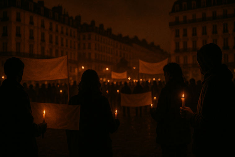 Veillée d'hommage nocturne à Lyon avec silhouettes de manifestants, bougies et banderoles floues
