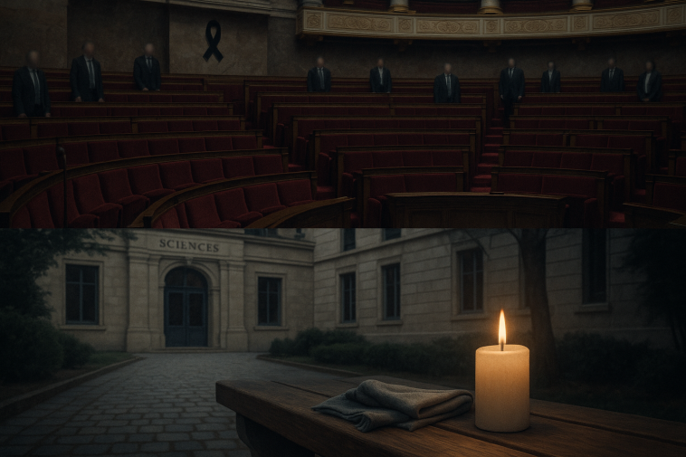 Intérieur de l’hémicycle de l’Assemblée nationale où des députés se lèvent en silence, associé à une scène sobre d’un campus universitaire vide avec une bougie posée