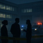 À Lyon, la mort d’un étudiant après des heurts relance le débat sur la violence politique Scène nocturne symbolique près d’un campus universitaire : silhouettes anonymes, cordon de sécurité et gyrophares de véhicules d’urgence