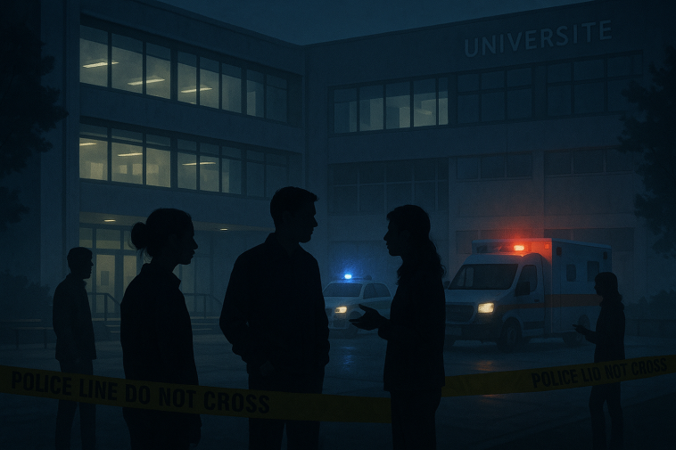 Scène nocturne symbolique près d’un campus universitaire : silhouettes anonymes, cordon de sécurité et gyrophares de véhicules d’urgence