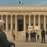 Façade de la Cour d'appel de Lyon avec, au premier plan, une femme âgée en silhouette observant, des manifestants non identifiables et des policiers en arrière-plan en posture statique.
