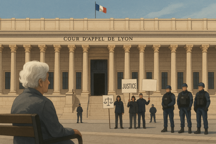 Façade de la Cour d'appel de Lyon avec, au premier plan, une femme âgée en silhouette observant, des manifestants non identifiables et des policiers en arrière-plan en posture statique.