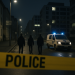 Scène nocturne urbaine à Lyon près d'un campus universitaire, rubalise de police et silhouettes anonymes