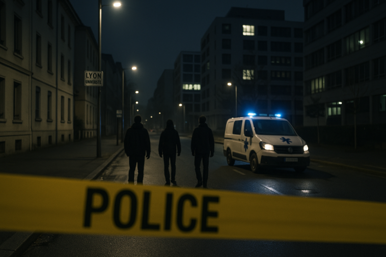 Scène nocturne urbaine à Lyon près d'un campus universitaire, rubalise de police et silhouettes anonymes
