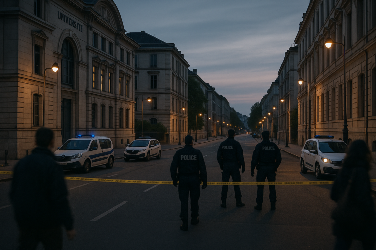 Ruelle universitaire à Lyon au crépuscule, présence discrète de forces de l'ordre et silhouettes floues de passants, aucun visage identifiable