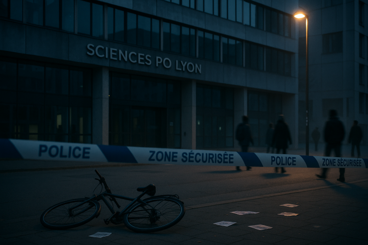Entrée du campus de Sciences Po Lyon avec rubalise et silhouettes à distance, scène de nuit