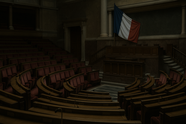 Intérieur de l'Assemblée nationale pendant une minute de silence, bancs vides et drapeau français en arrière-plan
