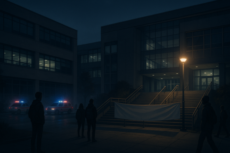 Vue nocturne du campus universitaire à Lyon avec ambulance en arrière-plan et silhouettes anonymes