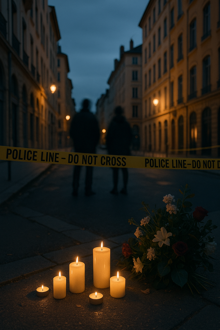 Rues de Lyon au crépuscule avec bandes de signalisation et veille aux bougies symbolisant une veillée ; silhouettes floues et bâtiments municipaux en arrière-plan