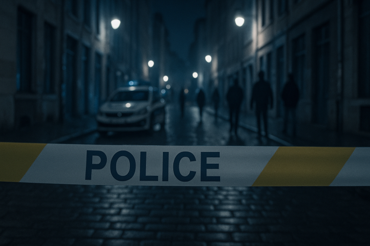 Rue de Lyon la nuit avec rubalise de police et silhouettes floues, symbolisant une enquête en cours — pas de visages reconnaissables