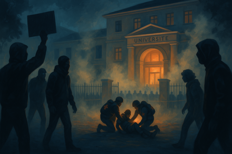 Silhouettes de manifestants et fumée lors d’affrontements nocturnes, sans visages reconnaissables