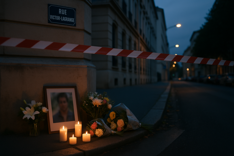 Bougies et fleurs déposées près d'une rue déserte à Lyon, rubalise de police et façade d'un bâtiment universitaire en arrière-plan