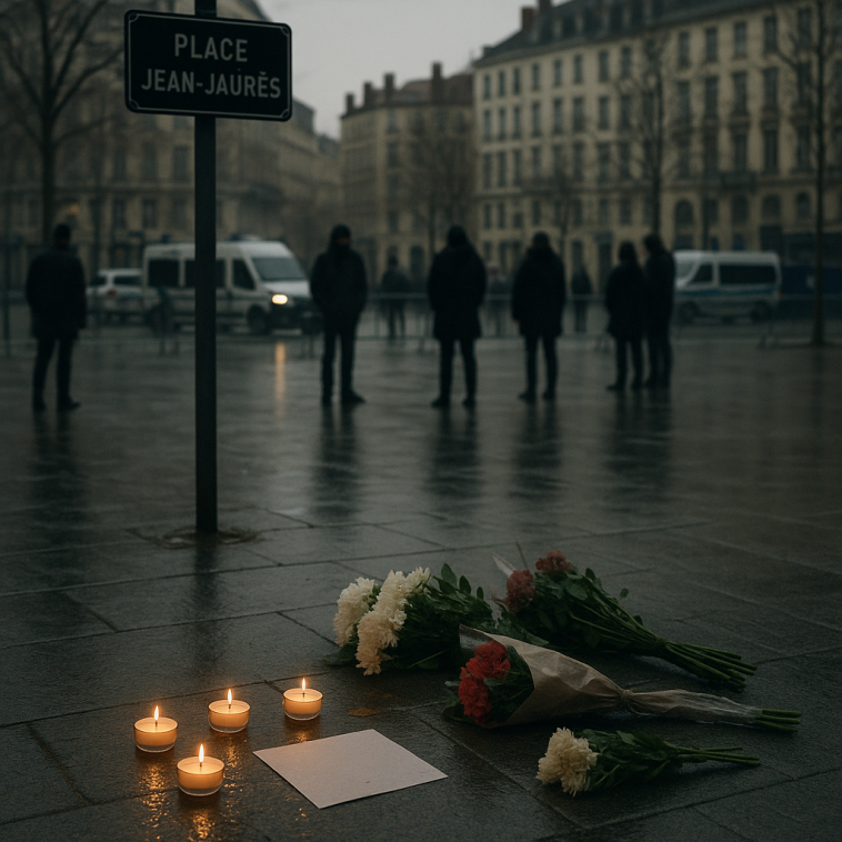 Place Jean‑Jaurès à Lyon, bougies et fleurs déposées, présence policière floue en arrière‑plan, atmosphère sobre