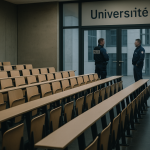 À Lyon, la mort d’un militant relance le débat sur les meetings en université Amphithéâtre d’université vide, sièges vides et une atmosphère de tension, présence discrète de forces de l’ordre à l’entrée, sans visages identifiables