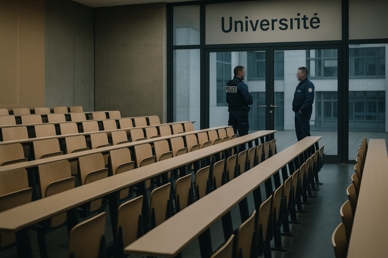 Amphithéâtre d’université vide, sièges vides et une atmosphère de tension, présence discrète de forces de l’ordre à l’entrée, sans visages identifiables
