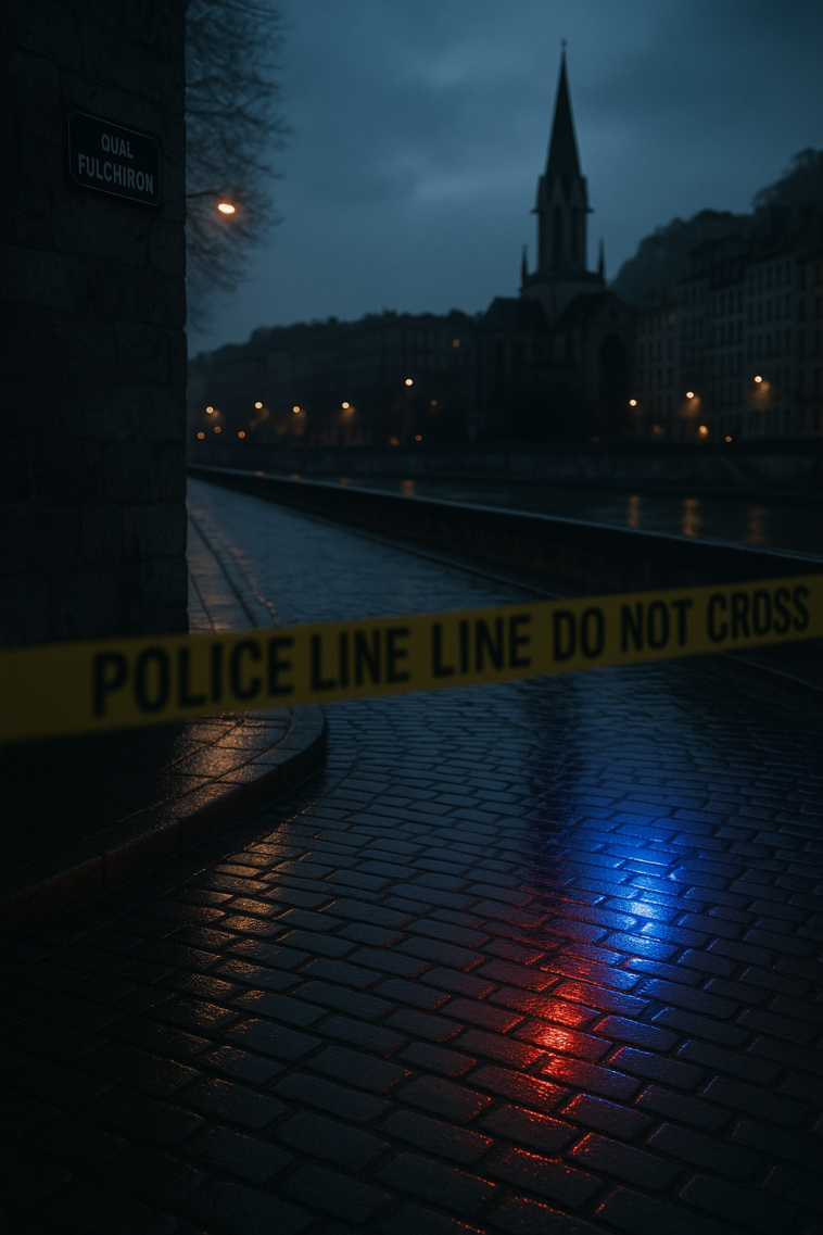 Quai Fulchiron à Lyon la nuit, rubalise de police et lueurs de gyrophares sans personnes identifiables