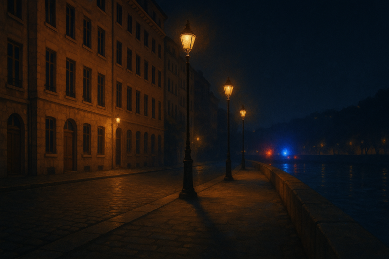 Vue nocturne du quai Fulchiron à Lyon, éclairage urbain et véhicules de secours flous à distance, sans personnes identifiables