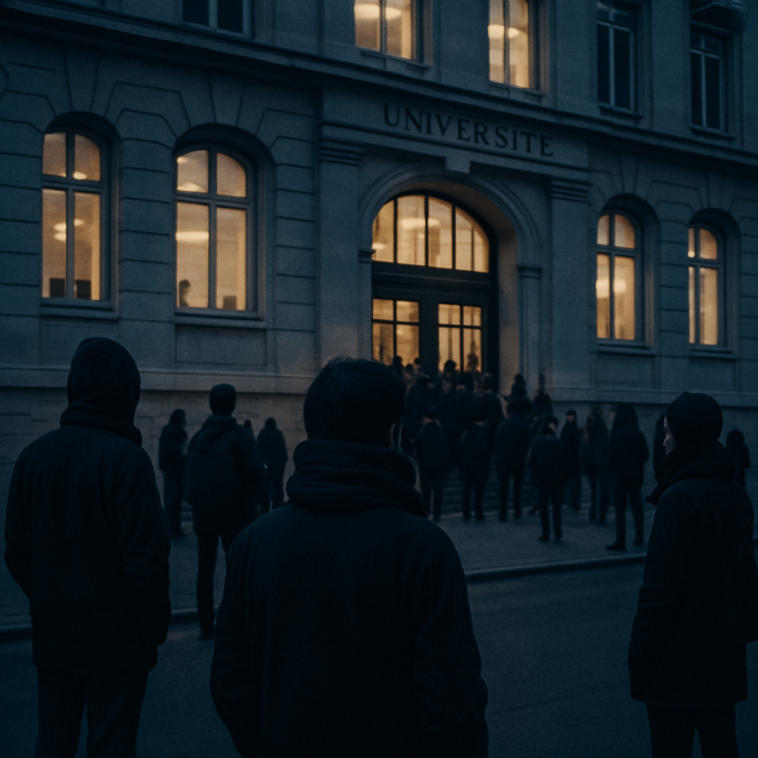 Rassemblement nocturne près d’une université à Lyon, silhouettes anonymes et atmosphère tendue, sans visage reconnaissable