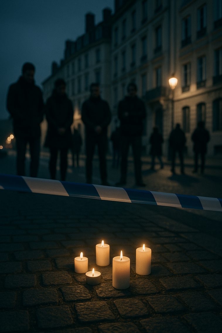 Rassemblement commémoratif discret devant une banderole neutre, personnes en ombre et ruban de police