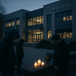 Décès d’un militant à Lyon : retour sur une rixe qui soulève questions et tensions Façade neutre d'un bâtiment universitaire de Lyon avec silhouettes floues et bougies mémorielles au premier plan, atmosphère sombre et sobre