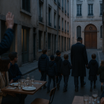 Rue piétonne de Lyon la Presqu’île au crépuscule, groupe d’adultes et d’enfants évoquant un accompagnement vers une synagogue, visages floutés