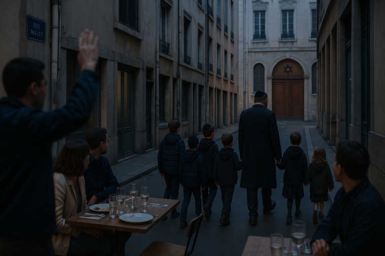 Rue piétonne de Lyon la Presqu’île au crépuscule, groupe d’adultes et d’enfants évoquant un accompagnement vers une synagogue, visages floutés