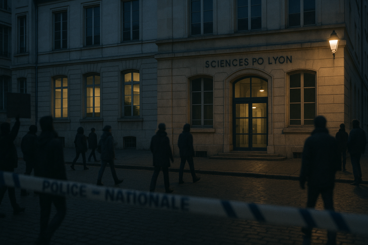 Façade de Sciences Po Lyon la nuit, rubalise de police et silhouettes floues de manifestants en arrière-plan