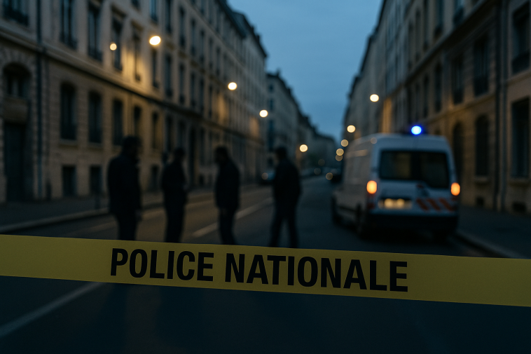 Scène urbaine nocturne à Lyon avec rubalise policière, silhouettes d'enquêteurs et lampadaires