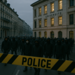 À Lyon, la mort de Quentin relance les questions sur la violence politique en marge des campus Scène de rue à Lyon au crépuscule, rubalise de police et silhouettes floues de manifestants masqués près d'un bâtiment universitaire