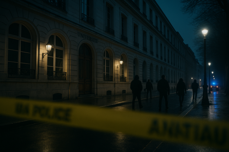 Façade de Sciences Po Lyon la nuit, rubalises de police et silhouettes floues de passants à distance, scène illustrative d’une enquête en cours