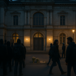 Mort de Quentin Deranque à Lyon : enquête, interpellations et questions ouvertes Silhouettes de manifestants et présence policière devant une façade universitaire à Lyon au crépuscule, visages floutés