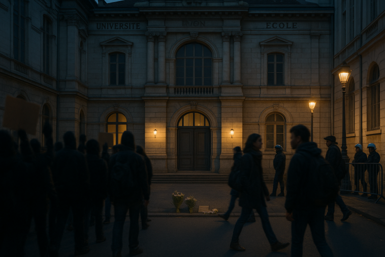 Silhouettes de manifestants et présence policière devant une façade universitaire à Lyon au crépuscule, visages floutés
