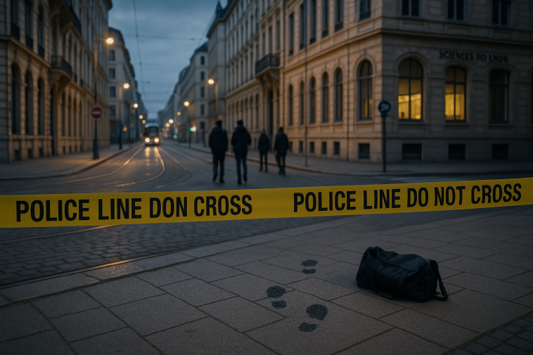 Rue urbaine à Lyon au crépuscule, bande de scène de crime et silhouettes anonymes en arrière-plan