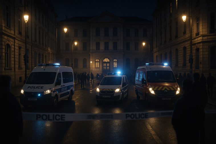 Intersection nocturne de rues à Lyon avec cordon de police et silhouettes floues près d’un bâtiment universitaire