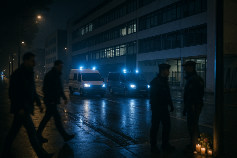 Rues de Lyon la nuit avec véhicules d'urgence et silhouettes floues, ambiance sobre et respectueuse