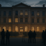À Lyon, la mort de Quentin Deranque interroge le moment et le terrain de la violence politique Silhouettes floues de manifestants et forces de l'ordre devant un bâtiment universitaire à Lyon, ambiance crépusculaire, sans visages reconnaissables