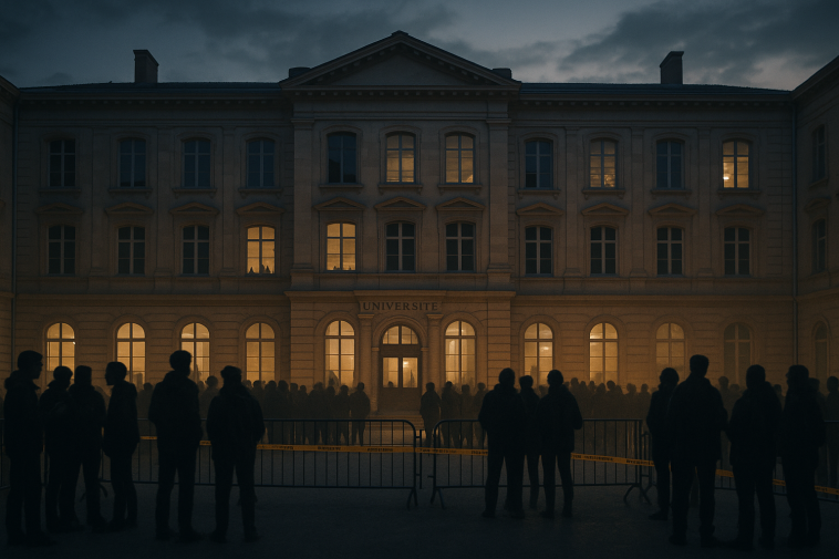Silhouettes floues de manifestants et forces de l'ordre devant un bâtiment universitaire à Lyon, ambiance crépusculaire, sans visages reconnaissables