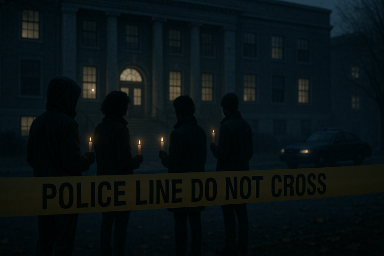 Vue d’un rassemblement nocturne discret près d’un bâtiment universitaire, rubalise de sécurité et silhouettes en contre‑jour