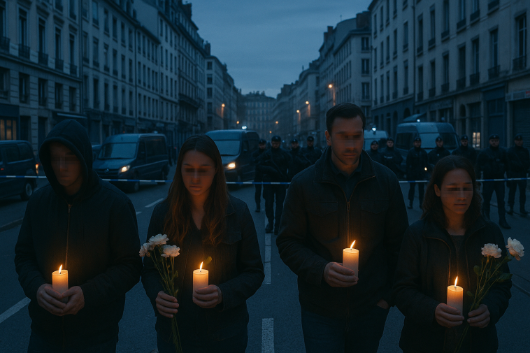 Marche d’hommage et dispositif policier à Lyon, bougies et foule respectueuse au crépuscule