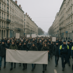 Cortège sobre à Lyon avec banderoles, présence policière, perspective urbaine hivernale
